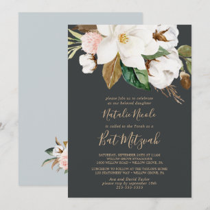 Invitation Élégant Magnolia Bat mitzvah noir et blanc