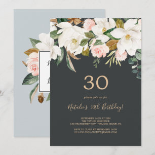 Invitation Élégant Magnolia   Black and White 30th Birthday