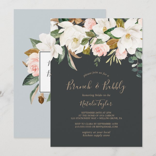Invitation Élégant Magnolia | Black & White Brunch et Bubbly (Devant / Derrière)