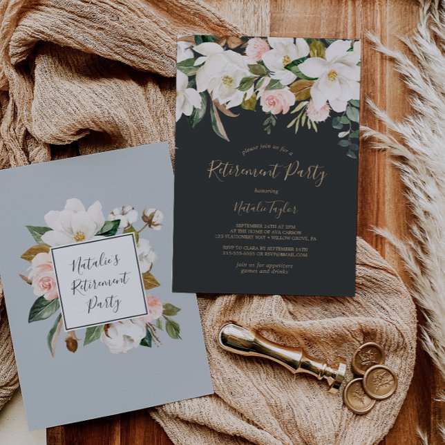 Invitation Élégant Magnolia | Black & White Retirement Party (Créateur téléchargé)