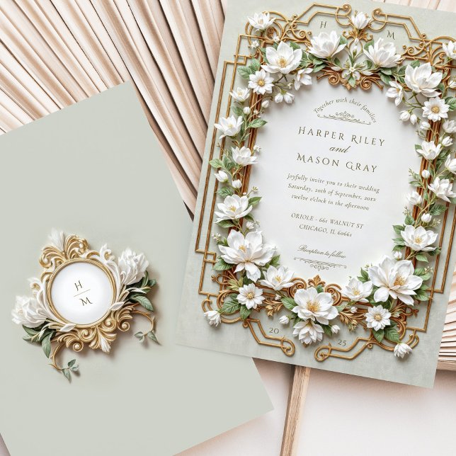 Invitation Elégant Magnolia blanc avec Faux Gold (Créateur téléchargé)