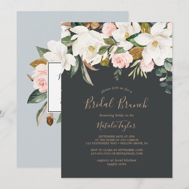 Invitation Élégant Magnolia | Brunch nuptial noir et blanc (Devant / Derrière)