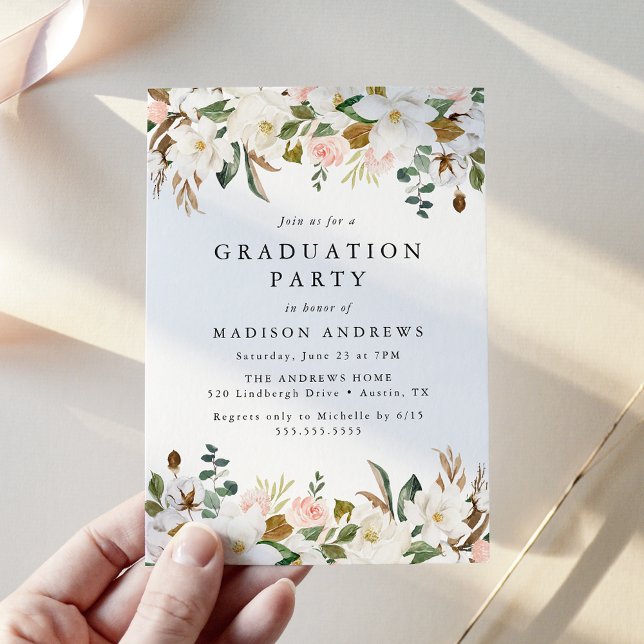 Invitation Elégant Magnolia et Blush Floral Graduation Party (Créateur téléchargé)