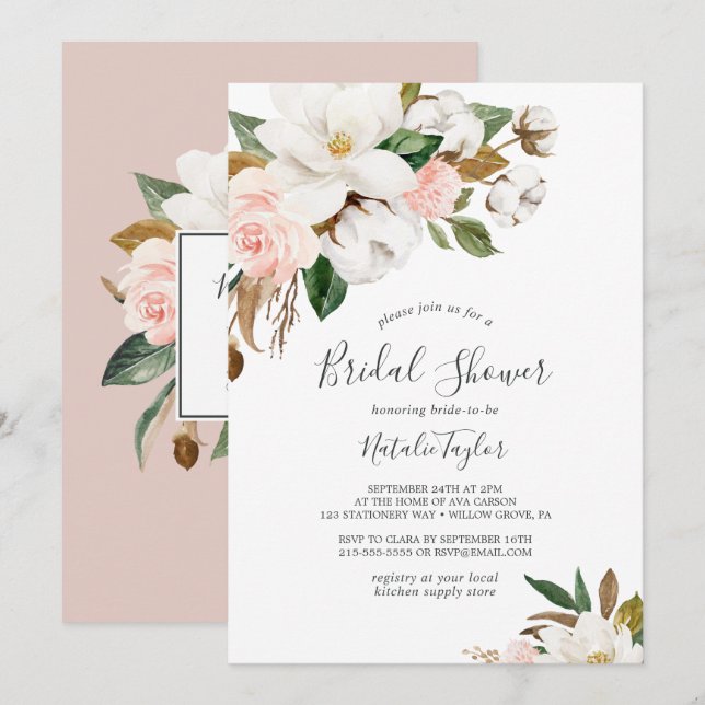 Invitation Élégant Magnolia | Fête des mariées blanche et bla (Devant / Derrière)