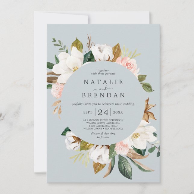 Invitation Élégant Magnolia | Gris bleu avec Mariage date (Devant)