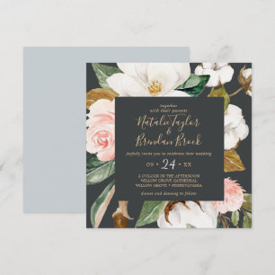 Invitation Élégant Magnolia   Mariage Carré noir et blanc