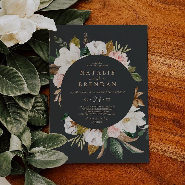 Invitation Élégant Magnolia | Mariage Décontracté noir et bla (Créateur téléchargé)