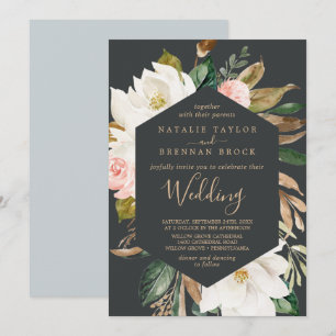 Invitation Élégant Magnolia Mariage noir et blanc