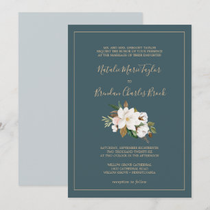 Invitation Élégant Magnolia   Mariage officiel Turquoise et b