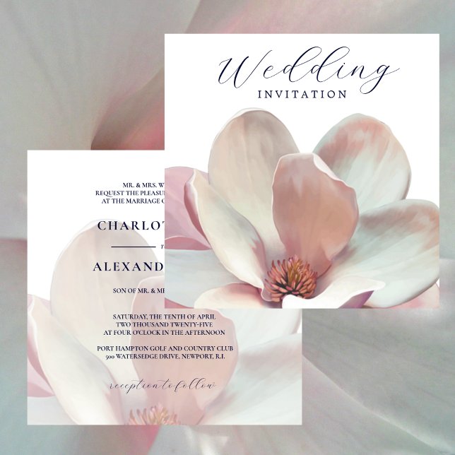 Invitation Élégant Magnolia Mariage rose et blanc (Elegant Magnolia Pink and White Wedding Invitation 1)