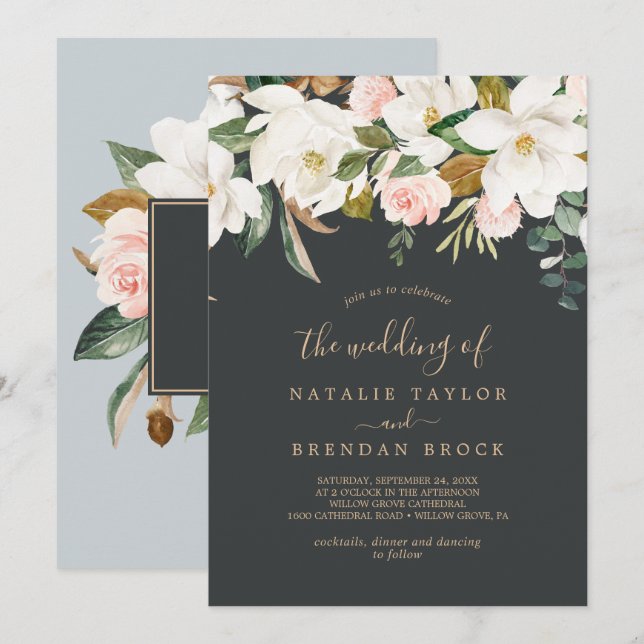 Invitation Élégant Magnolia | Noir et blanc Le Mariage de (Devant / Derrière)