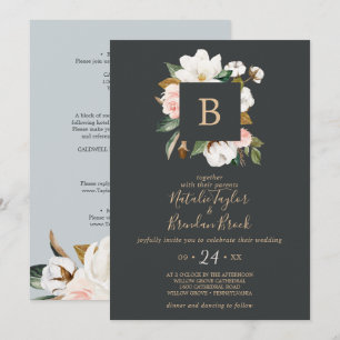 Invitation Élégant Magnolia   Noir tout en un Mariage