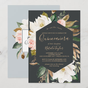 Invitation Élégant Magnolia   Quinceañera noir et blanc
