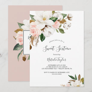 Invitation Élégant Magnolia   Sweet sixteen blanc et blanc