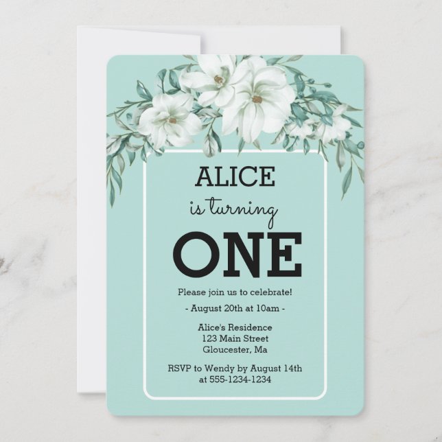 Invitation Elégant Magnolia White Pastel Vert 1er anniversair (Devant)