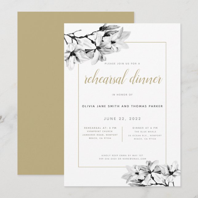 Invitation Élégant Magnolias élégant Dîner de répétition d'or (Devant / Derrière)