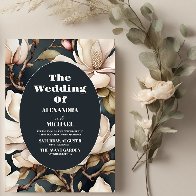 Invitation Elégant Magnolias rose et verdure (Créateur téléchargé)