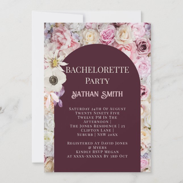 Invitation Élégant Mahogany Arc Floral Été Bachelorette (Devant)