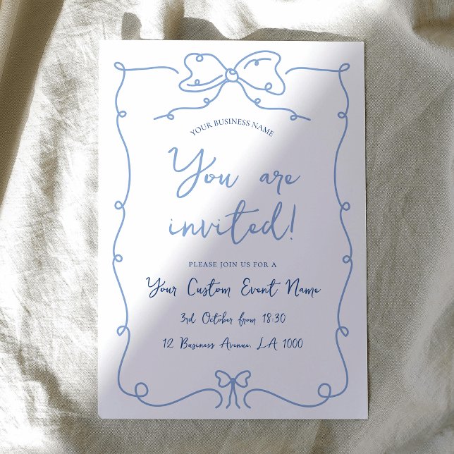 Invitation Elégant Main Drawn Bows Blue Business Event Gala (Elegant hand-drawn style business event invitation with handwritten style font in blue and white)
