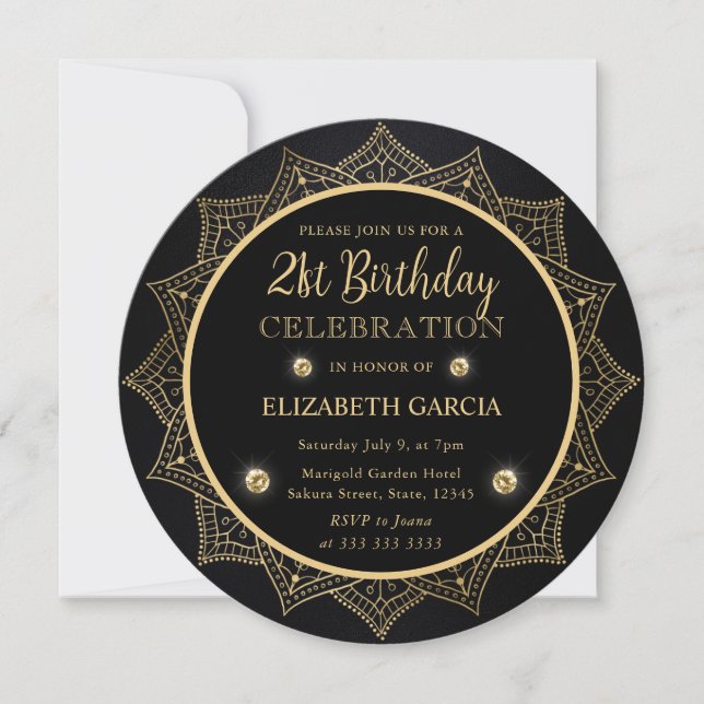 Invitation Elégant Mandala noir et or 21e anniversaire (Devant)