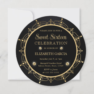 Invitation Élégant Mandala Noir et Or pour un Sweet Sixteen