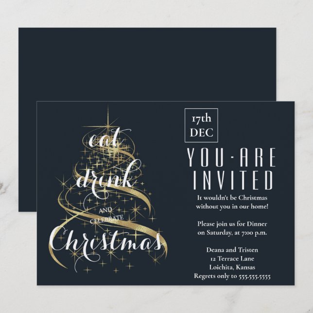 Invitation Elégant manger, boire et célébrer Noël (Devant / Derrière)