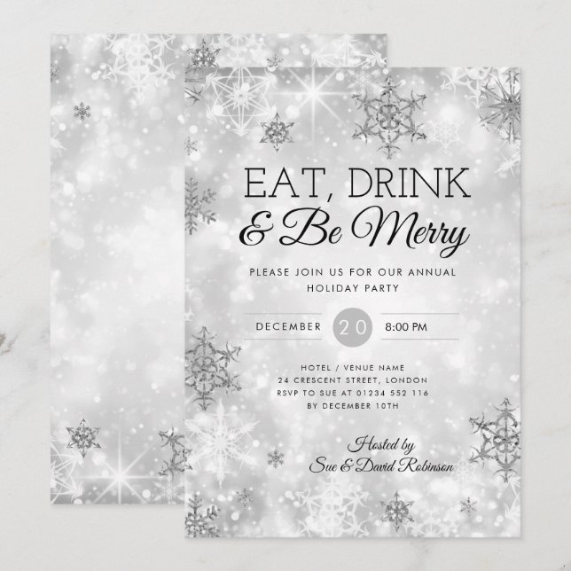 Invitation Elégant manger et boire Silver Fête de Noël (Devant / Derrière)