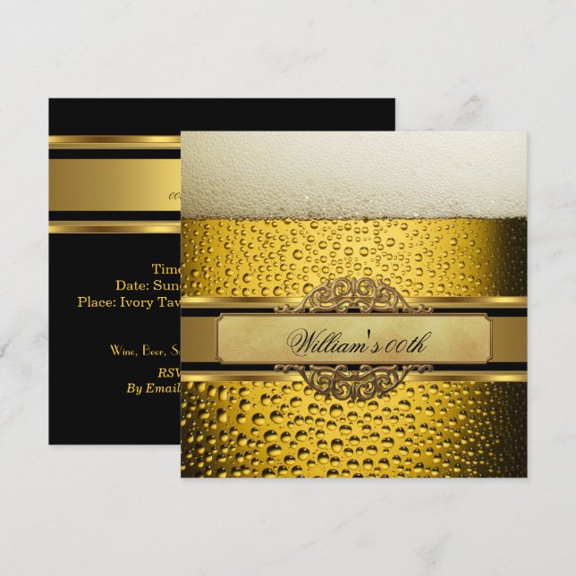 Invitation Élégant Mans Beer Black Gold Hommes de fête d'anni (Devant / Derrière)