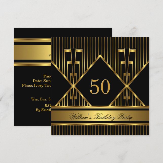 Invitation Élégant Mans Black Gold Stripe Anniversaire Hommes (Devant / Derrière)