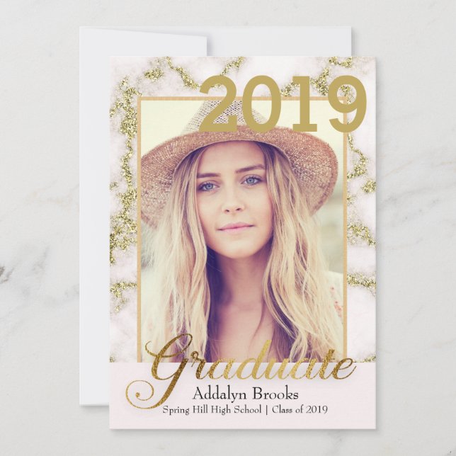 Invitation Elégant Marbre blanc Or tendance Photo Graduation (Devant)