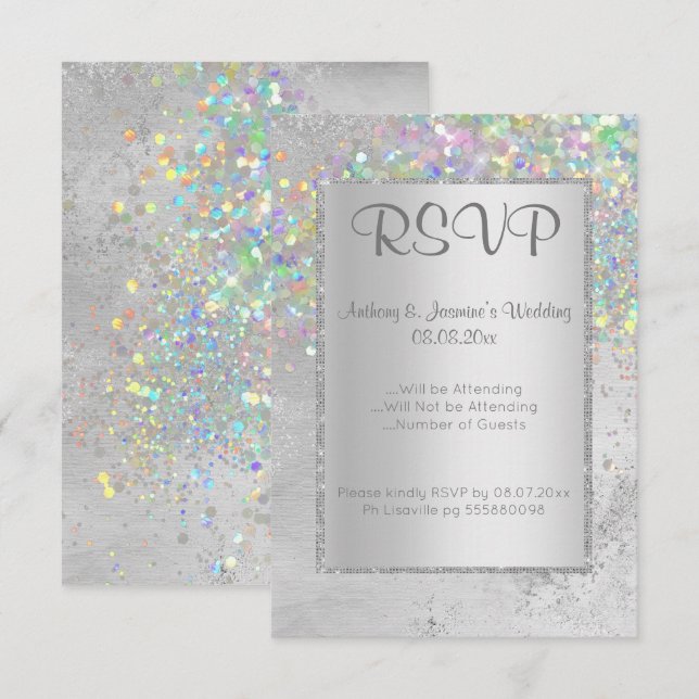 INVITATION ELEGANT MARBRE D'ARGENT HOLOGRAPHIQUE RSVP (Devant / Derrière)