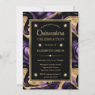 Invitation Élégant Marbre de Quinceañera à Feuille d'Or Viole