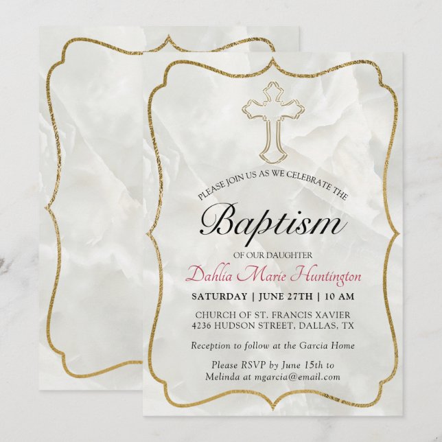 Invitation Élégant Marbre Gold Baby Girls Baptism (Devant / Derrière)