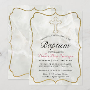 Invitation Élégant Marbre Gold Baby Girls Baptism