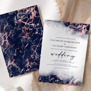 Invitation Elégant Marbre Marine Rose bleu Mariage or