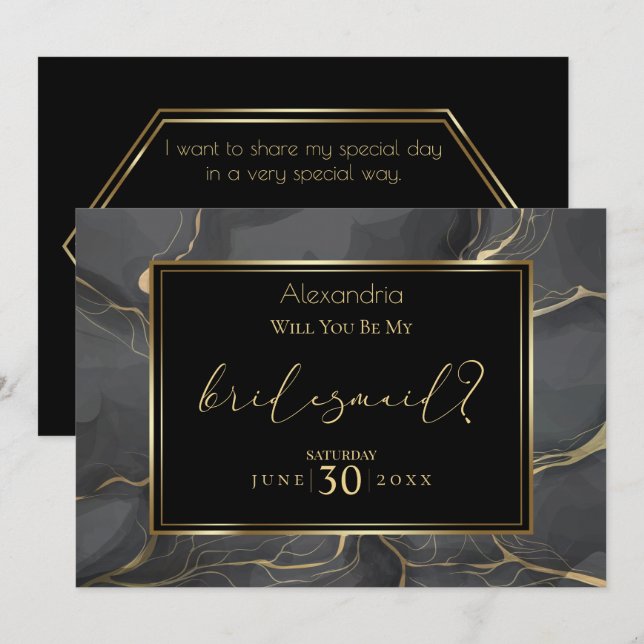 Invitation Élégant marbre noir et or Be My Bridesmaid (Devant / Derrière)