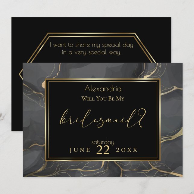 Invitation Élégant marbre noir et or Be My Bridesmaid (Devant / Derrière)