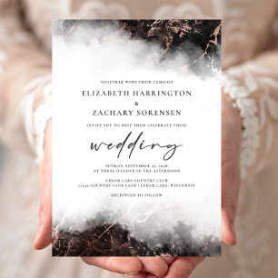 Invitation Élégant marbre noir Rose or Mariage