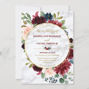 Invitation Elégant Marbre Or Marsala Marine Bleu Floral Fleur