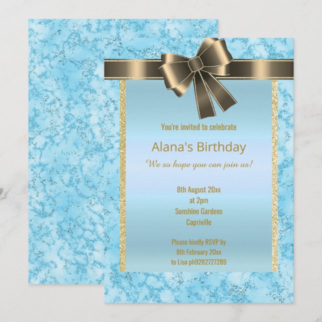 INVITATION ÉLÉGANT MARBRE PARTIES SCINTILLANT OR BLEU BOÎTE (Devant / Derrière)