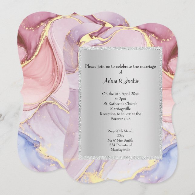INVITATION ÉLÉGANT MARBRE ROSE PURPLE MARIAGE ABSTRAIT (Devant / Derrière)