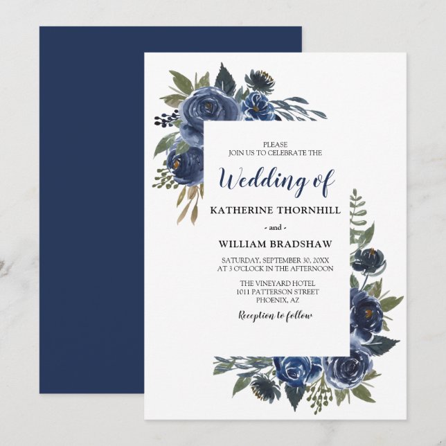 Invitation Élégant Mariage à cadre floral bleu (Devant / Derrière)