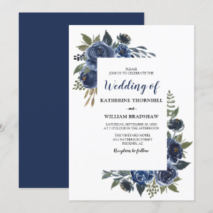 Invitation Élégant Mariage à cadre floral bleu