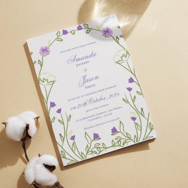 Invitation Élégant Mariage à charpente fleurie violette (Elegant Pretty Purple Blue Floral Frame Wedding Invitation)