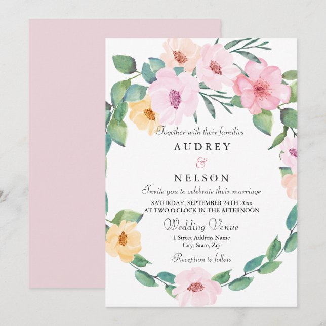 Invitation Élégant Mariage à feuilles florales roses (Devant / Derrière)