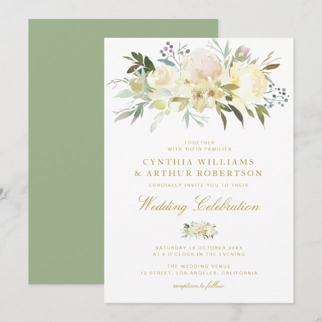 Invitation élégant mariage à fleurs d'ivoire aquarelle (Devant / Derrière)