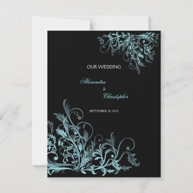 Invitation Élégant Mariage à fleurs turquoise (Devant)