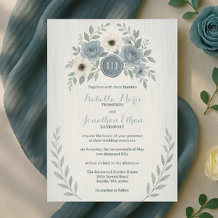 Invitation Élégant mariage à la cire bleue poussiéreuse flora