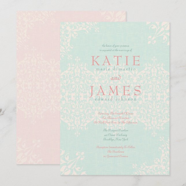 Invitation Elégant Mariage à la menthe et à la pêche du pays (Devant / Derrière)