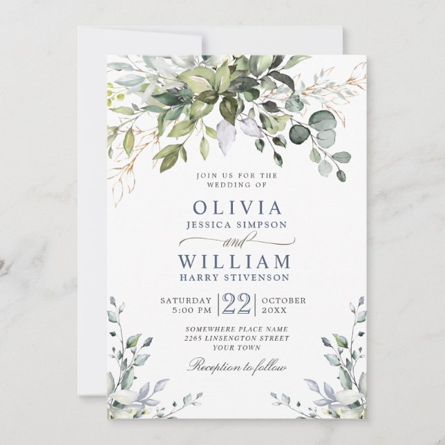 Invitation Élégant mariage à l'aquarelle Eucalyptus Verdure (Devant)
